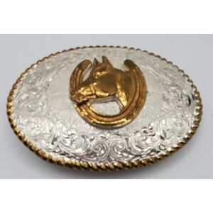 Vintage Crumrine Horse Head Horseshoe Belt Buckle Heavy Silver Plate on Bronze